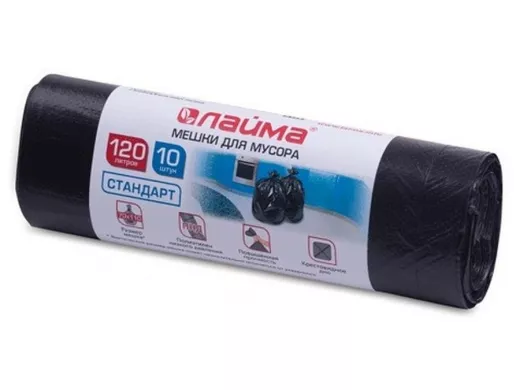 Мешки для мусора 120литров, черные, в рулоне 10шт, ПНД, 14мкм, 70х110см(+5%), стандарт "BR-78266"